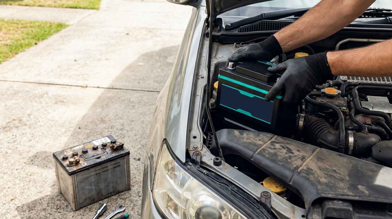 Hands installing a compact 12V sodium ion starter battery into a car engine bay next to the old lead acid battery on an Australian driveway