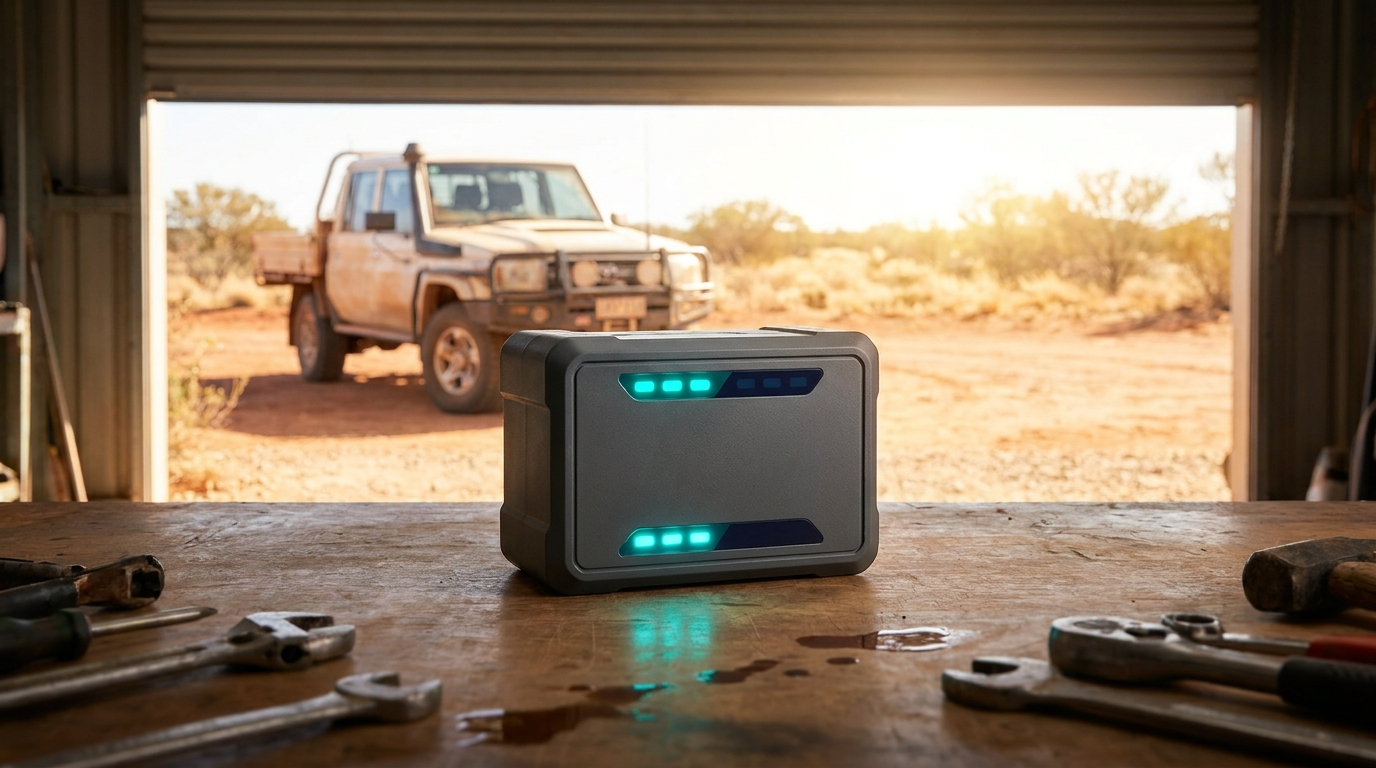 A compact 12V sodium ion starter battery on a workbench in an Australian garage with a 4WD ute visible in the outback sunlight outside