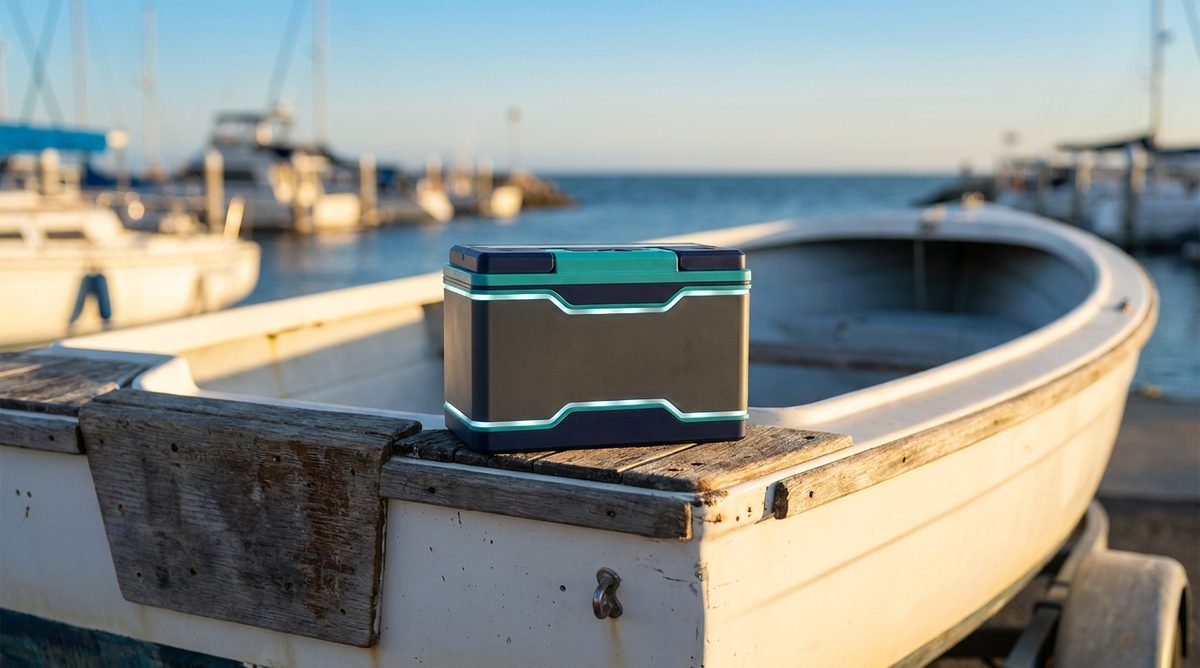A 12V sodium ion starter battery on a boat at an Australian marina at golden hour