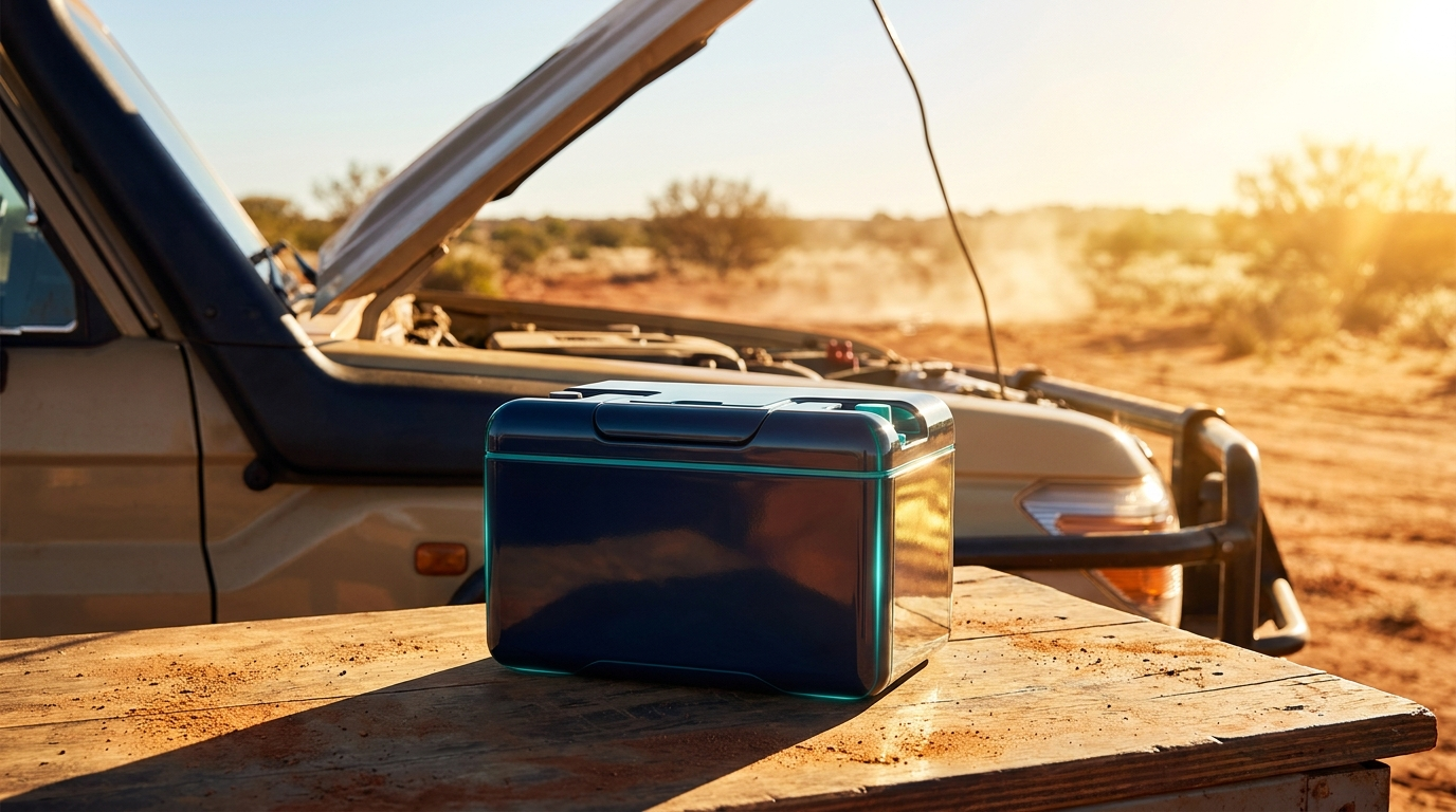 Compact 12V sodium ion starter battery in a ute engine bay under harsh Australian outback sun, illustrating heat resistance versus AGM batteries