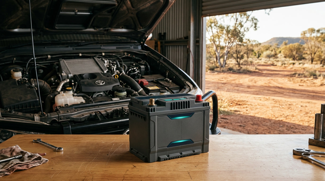 A compact 12V sodium ion starter battery on a workbench in front of a Toyota HiLux diesel engine bay with the Australian outback visible outside