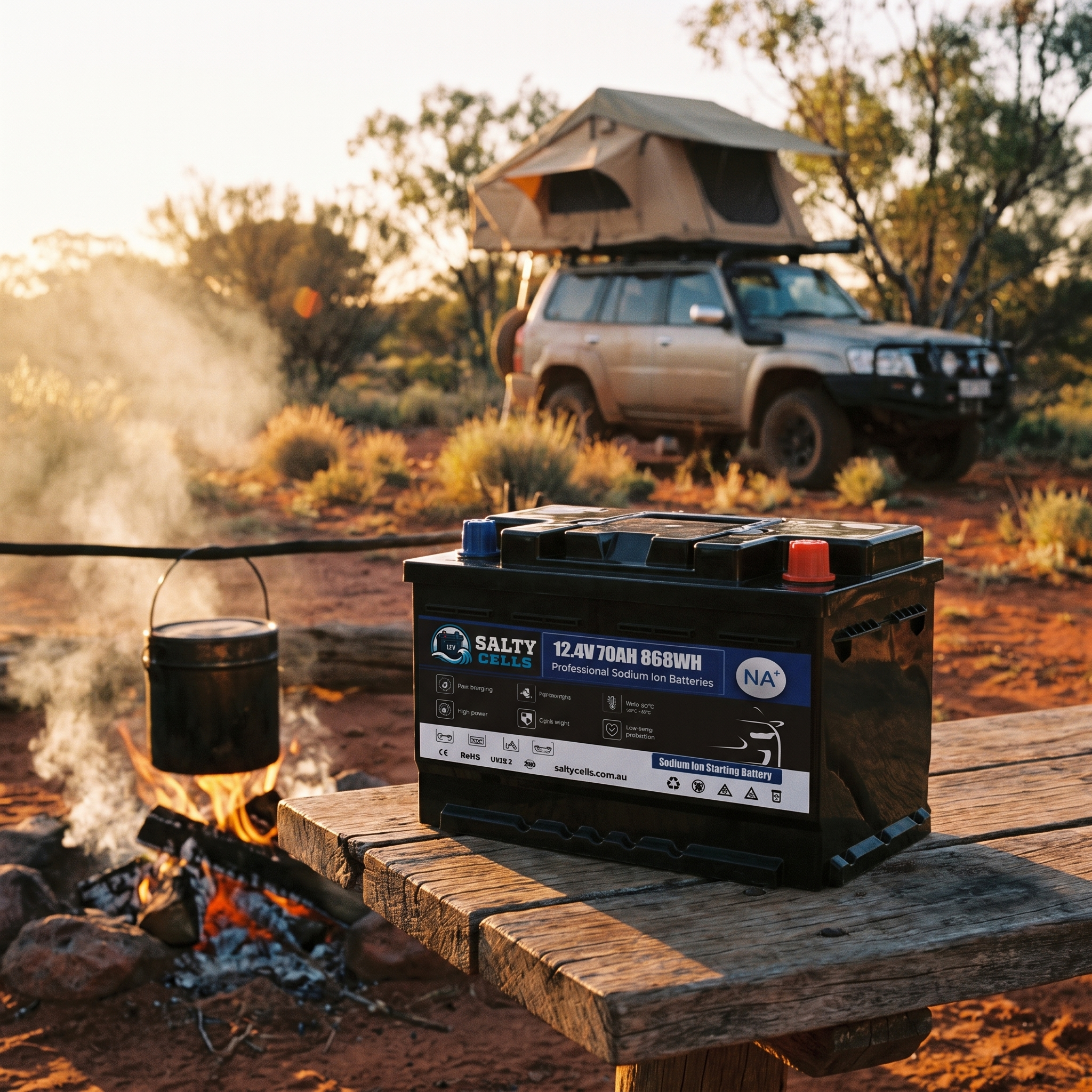 Salty Cells sodium-ion battery at an outback campsite with 4WD and rooftop tent