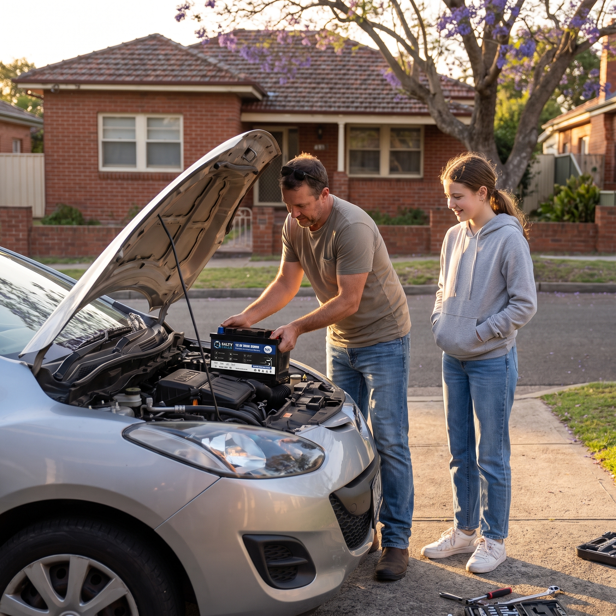 Dad and daughter installing a Salty Cells battery in a family car in a suburban Australian driveway