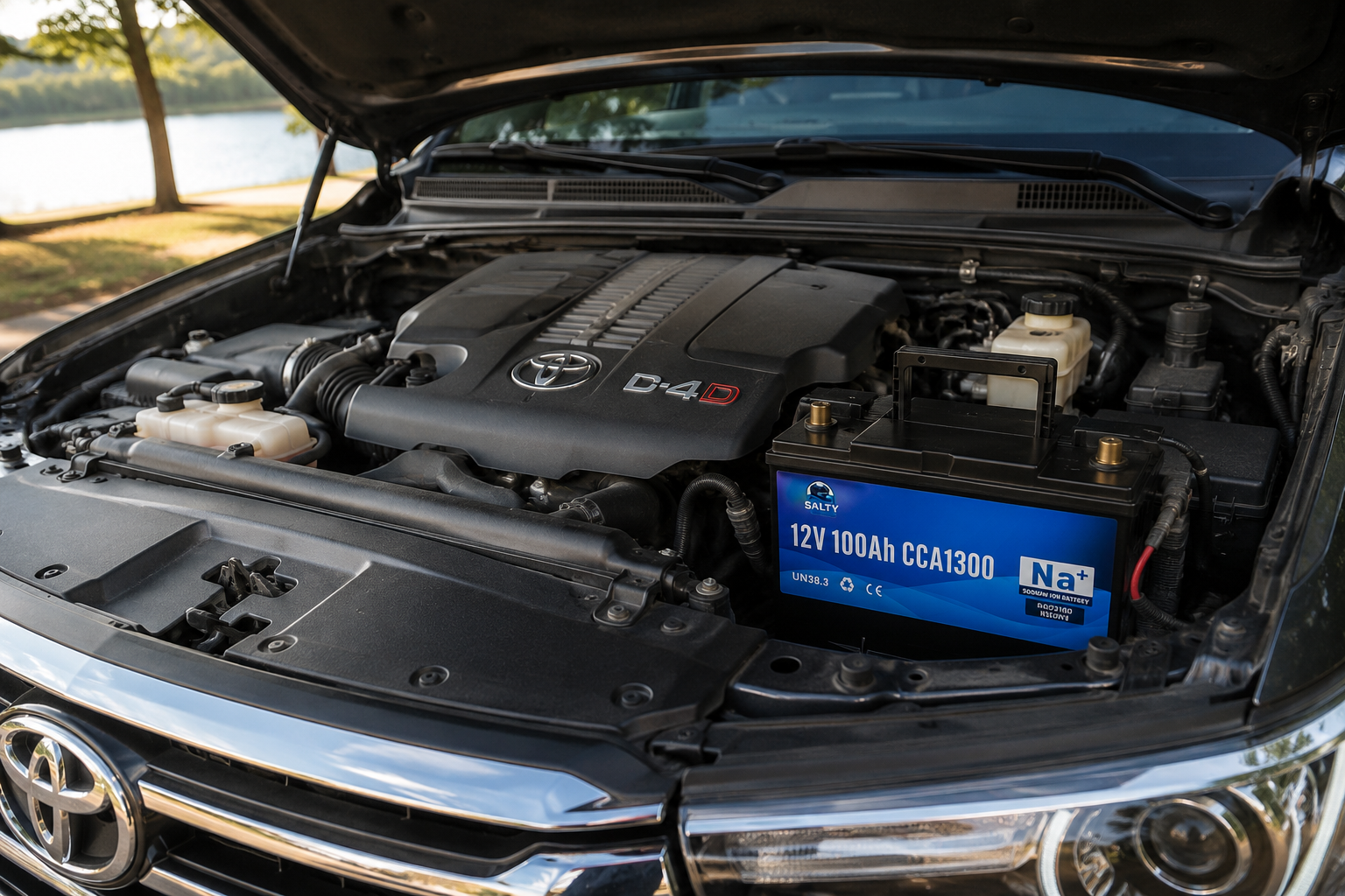 SaltyCell sodium-ion battery installed in Toyota engine bay