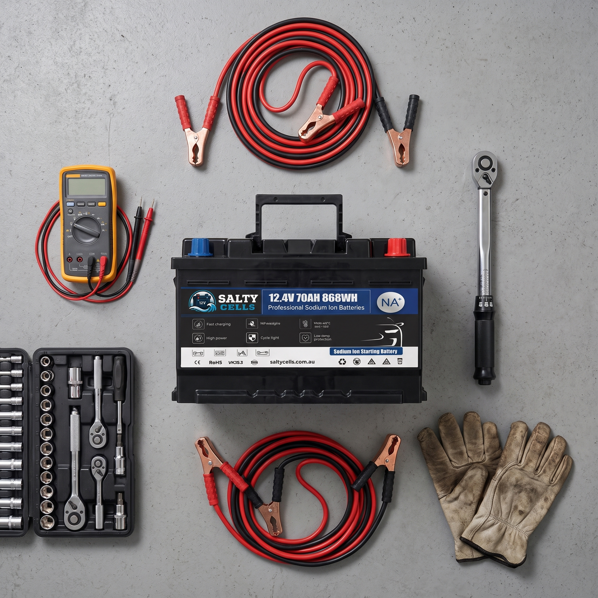 Salty Cells sodium-ion battery with installation tools — socket set, multimeter, torque wrench, jump leads and gloves