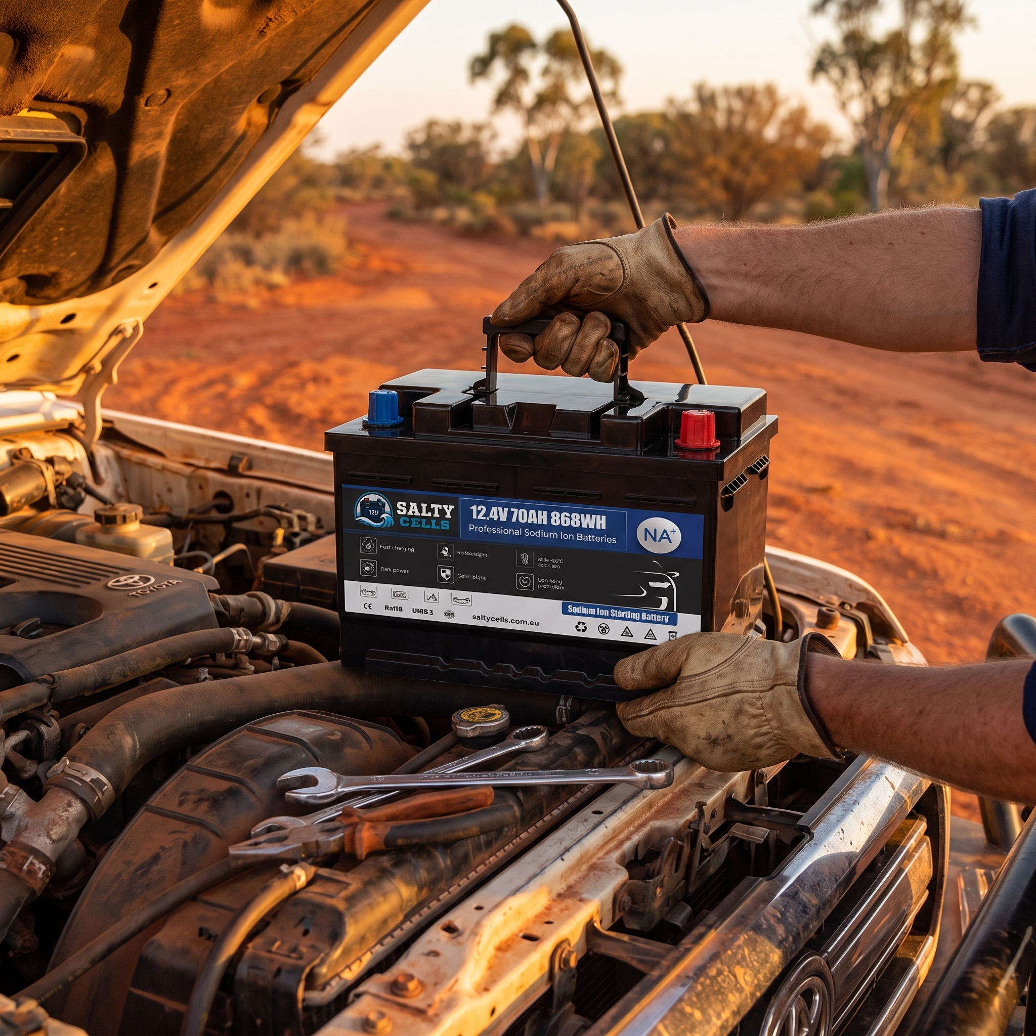 Hands installing a Salty Cells battery into a 4WD engine bay on a red outback dirt road