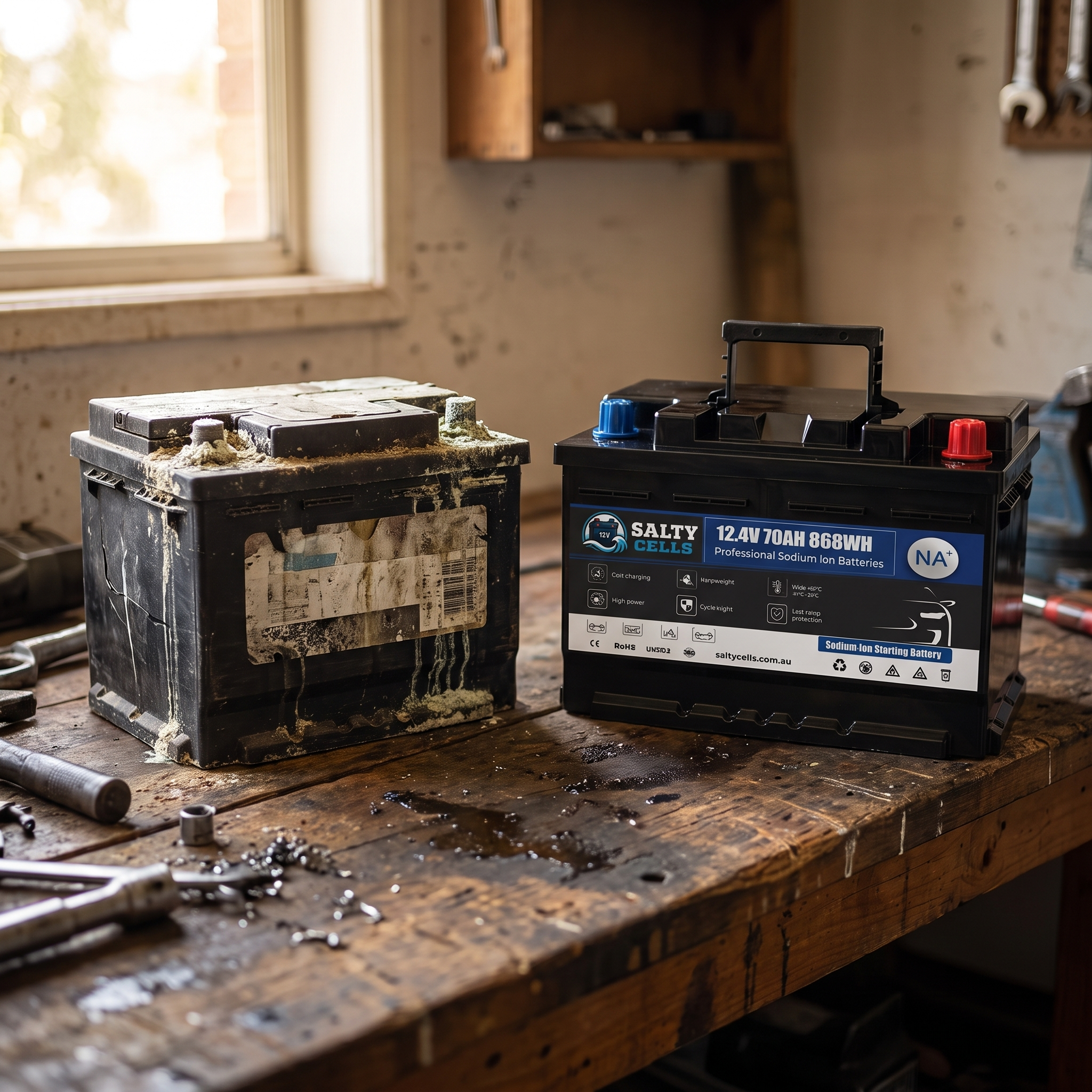 Old corroded lead-acid battery next to a new Salty Cells sodium-ion battery on a workshop bench