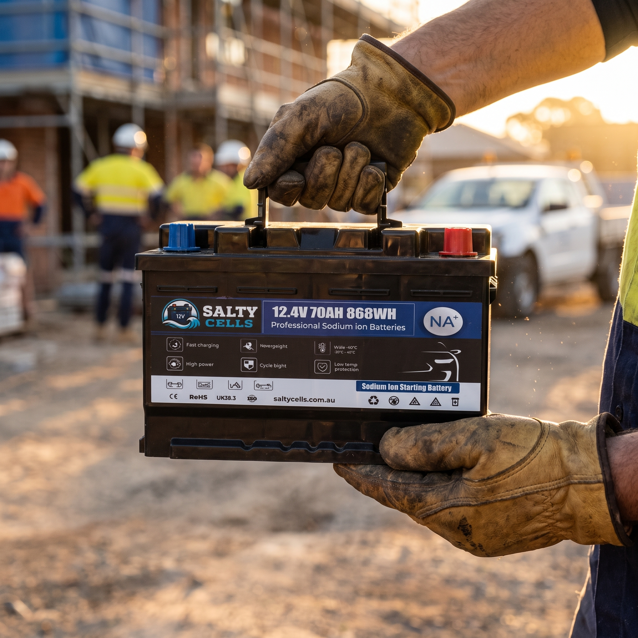 Tradie holding a Salty Cells battery on a construction site